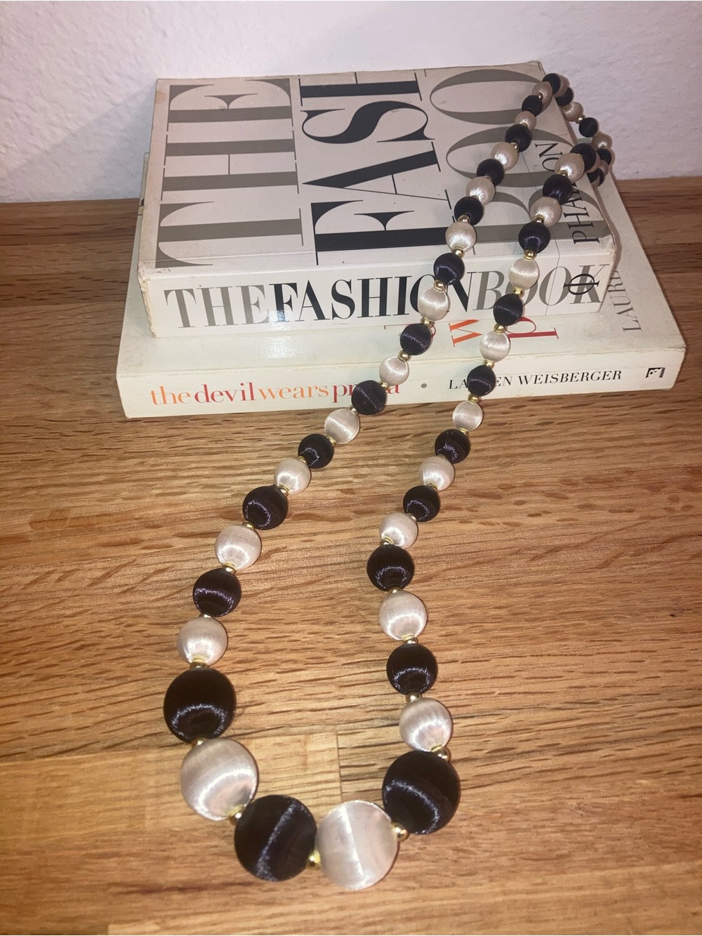 Vintage Black and White Silk Satin Bead Necklace